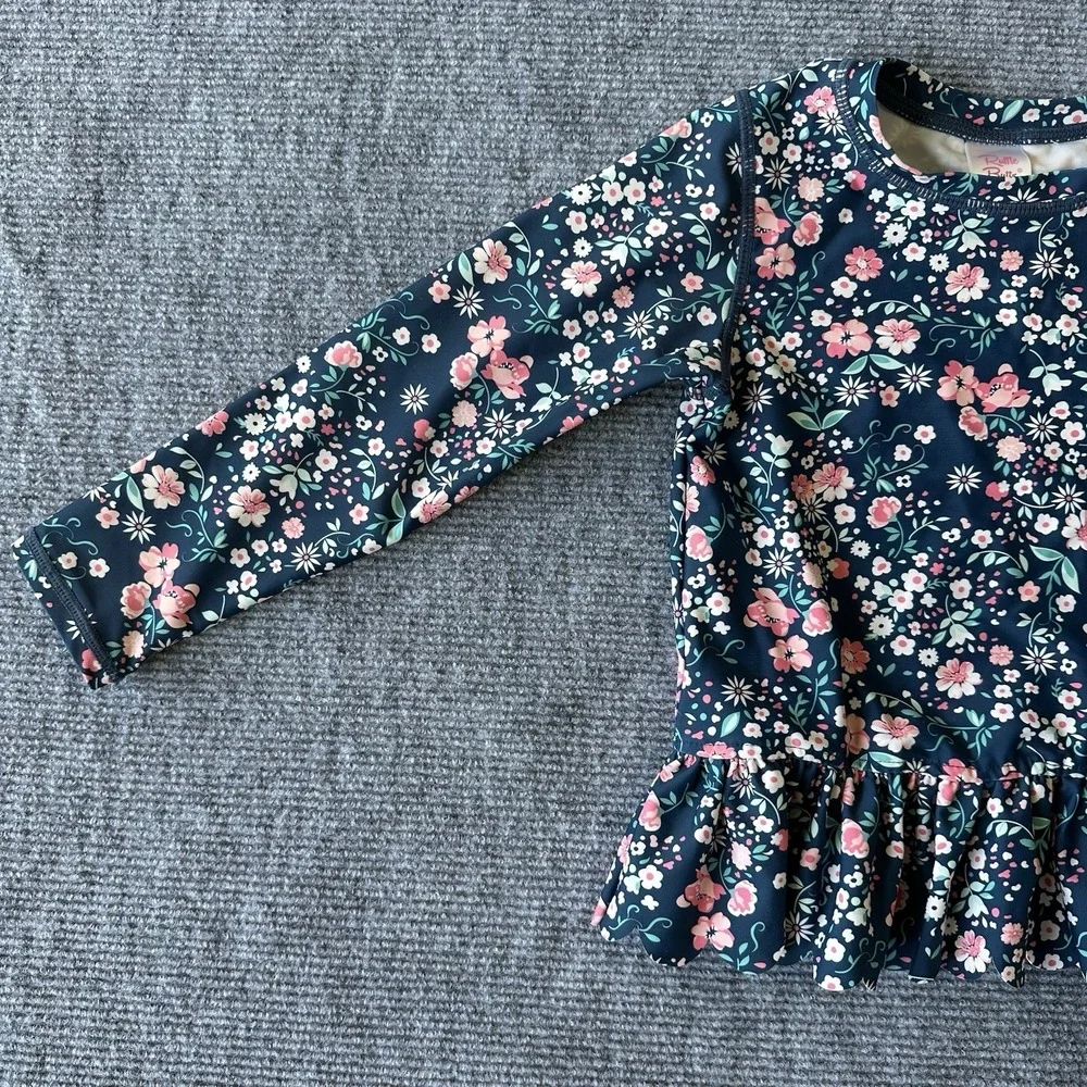 RuffleButts Girls 4T Floral Long Sleeve Ruffle Rash Guard Swim Shirt Top